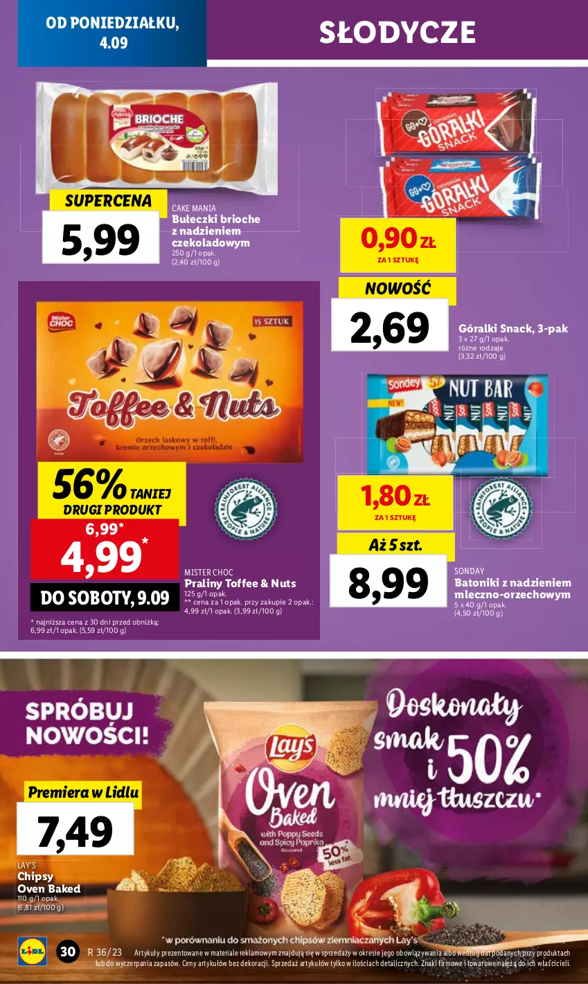 Gazetka promocyjna Lidl - GAZETKA - ważna 04.09 do 06.09.2023 - strona 44 - produkty: Baton, Bułeczki, Chipsy, Góralki, Lay’s, Praliny, Tonik