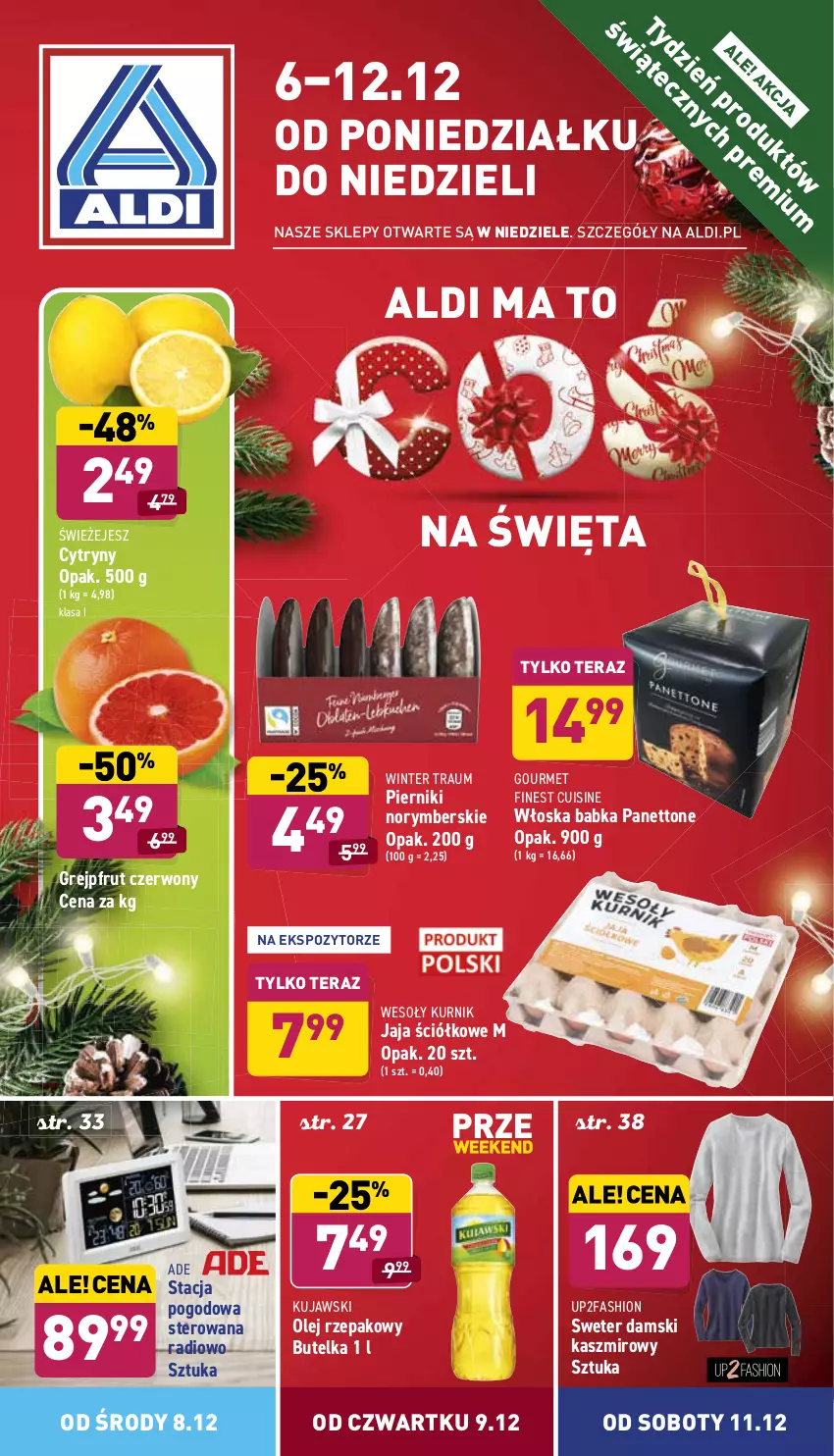 Gazetka promocyjna Aldi - ważna 06.12 do 12.12.2021 - strona 1 - produkty: Babka, Cytryny, Fa, Grejpfrut, Jaja, Kujawski, Olej, Olej rzepakowy, Piernik, Stacja pogodowa, Sweter, Tera