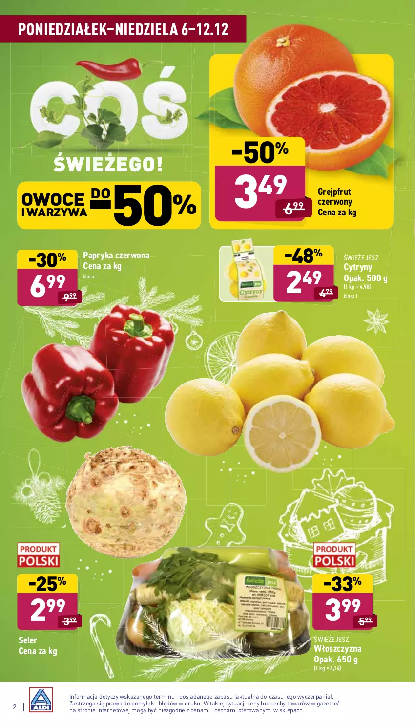 Gazetka promocyjna Aldi - ważna 06.12 do 12.12.2021 - strona 2 - produkty: Cytryny, Grejpfrut, Owoce, Papryka, Papryka czerwona, Warzywa