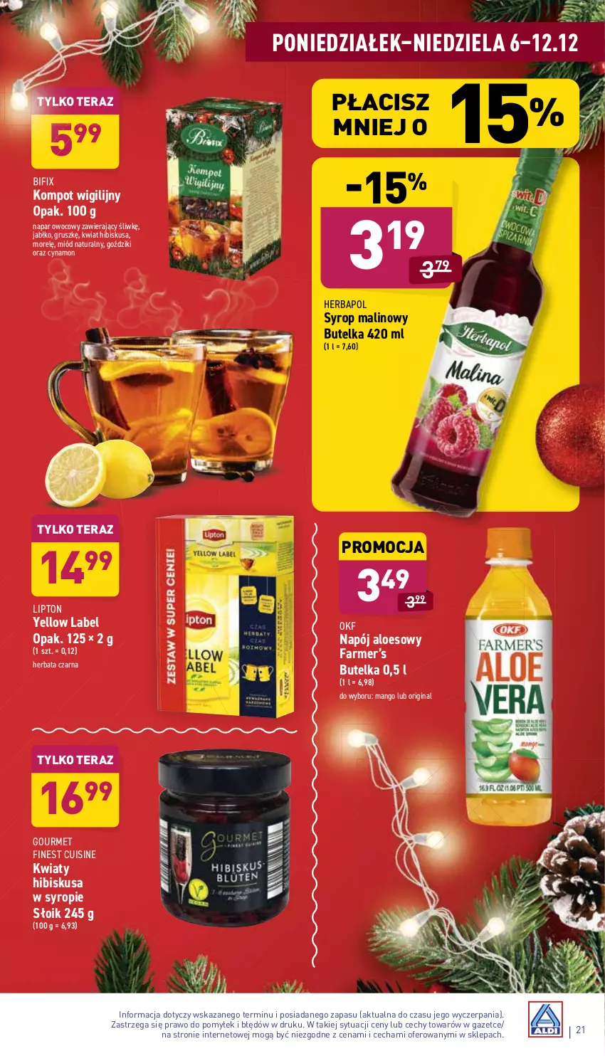 Gazetka promocyjna Aldi - ważna 06.12 do 12.12.2021 - strona 21 - produkty: Fa, Gin, Herbapol, Herbata, Herbata czarna, Hibiskus, Lipton, Mango, Miód, Napój, Syrop, Tera