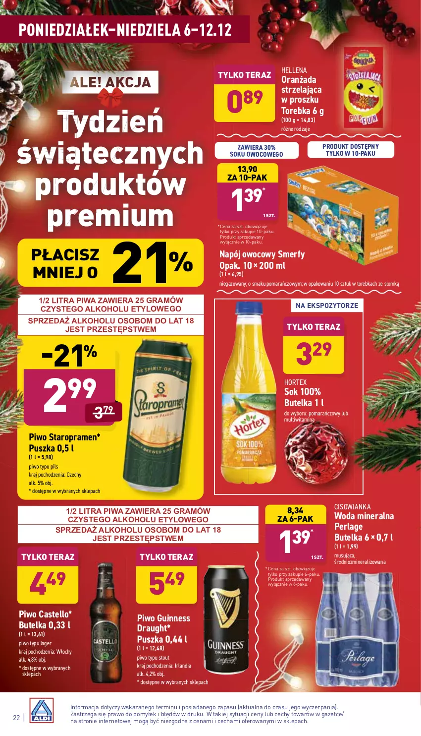 Gazetka promocyjna Aldi - ważna 06.12 do 12.12.2021 - strona 22 - produkty: Cisowianka, Gra, Hellena, Hortex, Mus, Napój, Oranżada, Piwa, Piwo, Sok, Tera, Torebka, Woda, Woda mineralna