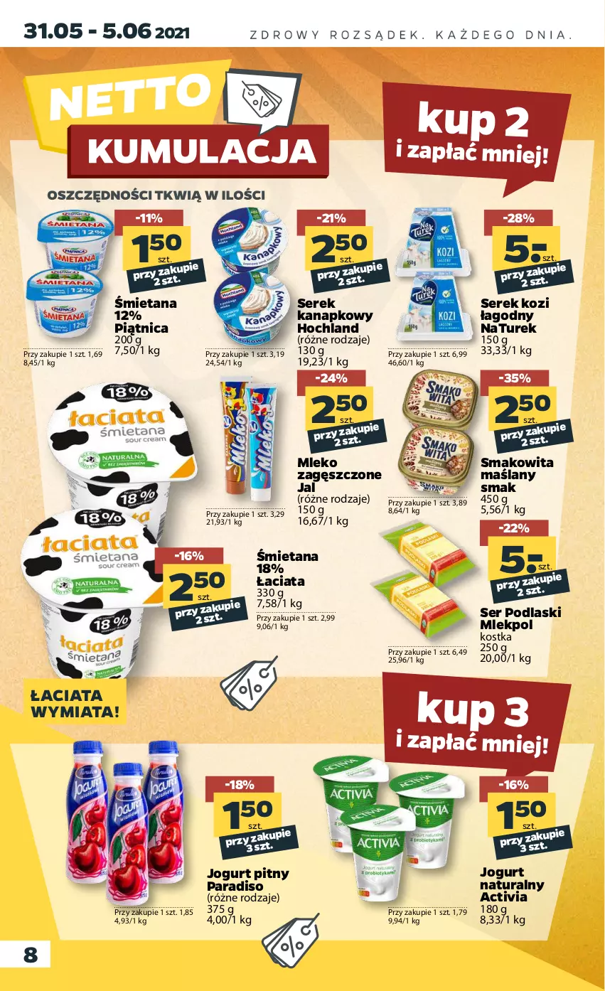 Gazetka promocyjna Netto - ważna 31.05 do 05.06.2021 - strona 8 - produkty: Activia, Hochland, Jogurt, Jogurt naturalny, Jogurt pitny, Mleko, Mleko zagęszczone, NaTurek, Piątnica, Podlaski, Ser, Serek, Serek kanapkowy, Smakowita