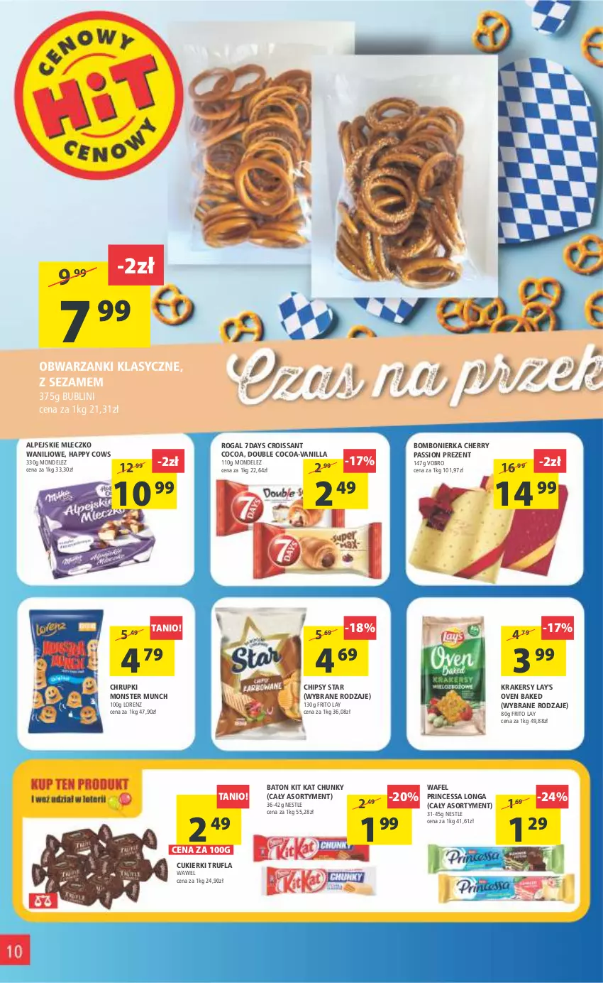 Gazetka promocyjna Arhelan - Gazetka - ważna 07.10 do 16.10.2022 - strona 10 - produkty: Baton, Chipsy, Chrupki, Croissant, Cukier, Cukierki, Kit Kat, Krakersy, Lorenz, Mleczko, Monster Munch, Princessa, Rogal, Sezam, Wawel