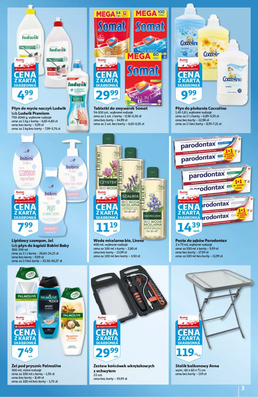 Gazetka promocyjna Auchan - Skarbonka #11 - ważna 18.03 do 24.03.2021 - strona 3 - produkty: Coccolino, Do mycia naczyń, Fa, Lirene, Ludwik, Palmolive, Parodontax, Pasta do zębów, Płyn do kąpieli, Płyn do mycia, Płyn do mycia naczyń, Płyn do płukania, Somat, Stolik, Szampon, Tablet, Wkręt, Woda, Woda micelarna, Zestaw końcówek