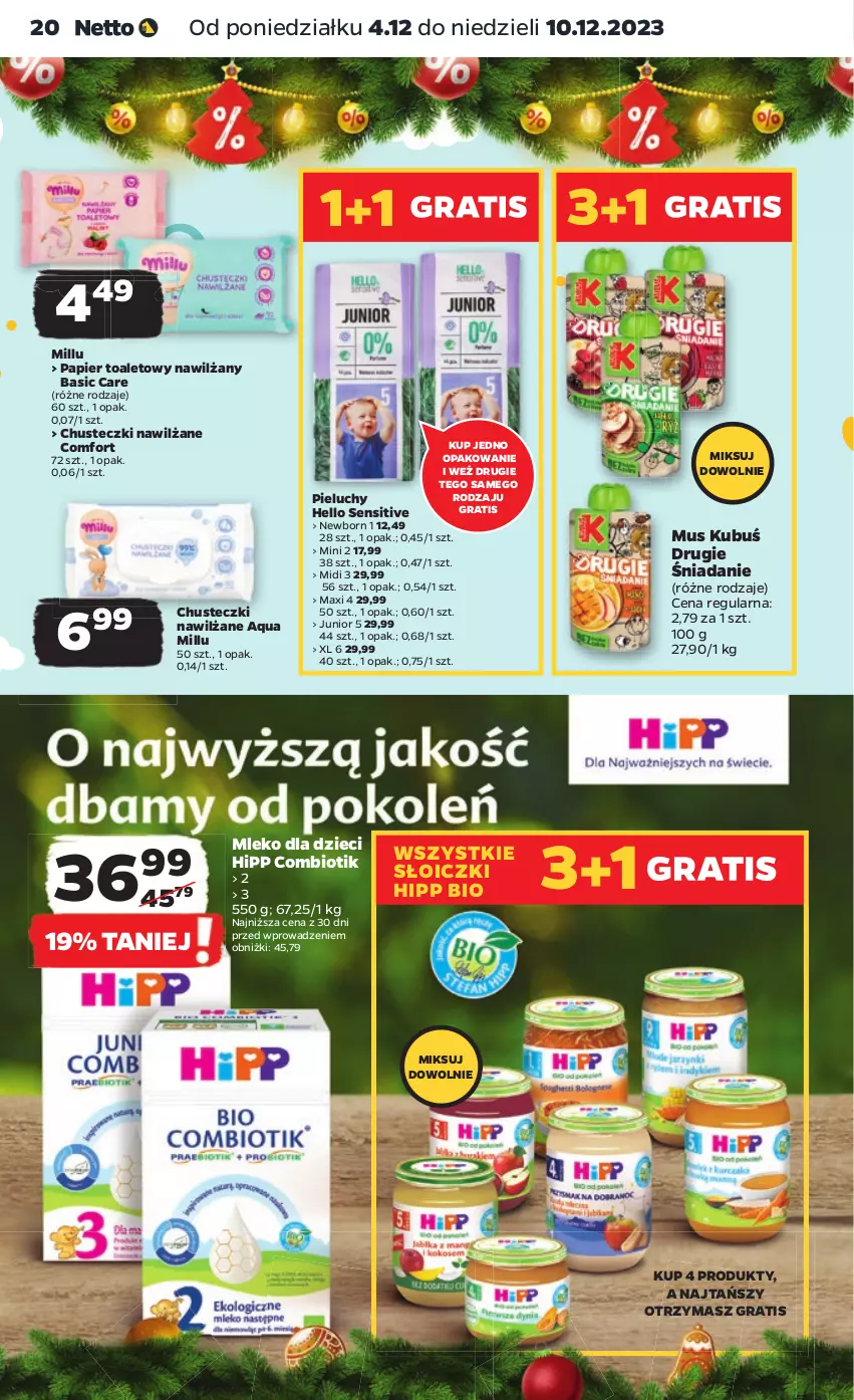 Gazetka promocyjna Netto - Artykuły spożywcze - ważna 04.12 do 10.12.2023 - strona 20 - produkty: Chusteczki, Dzieci, Gra, HiPP, Hipp Bio, Kubuś, Mleko, Mleko dla dzieci, Mus, Papier, Papier toaletowy, Pieluchy, Słoiczki