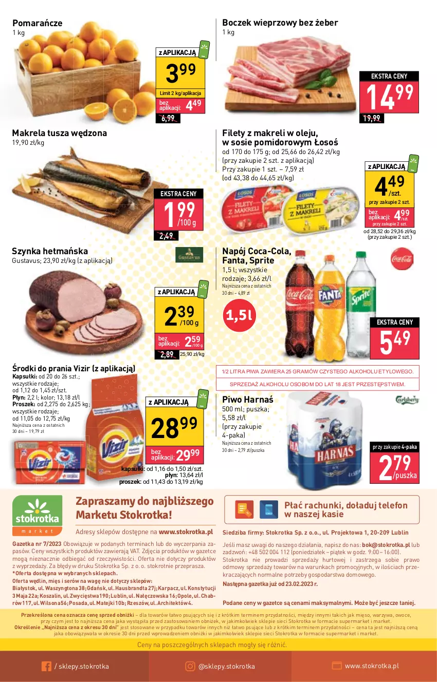 Gazetka promocyjna Stokrotka - Market - ważna 16.02 do 22.02.2023 - strona 12 - produkty: Boczek, Boczek wieprzowy, Coca-Cola, Dres, Fa, Fanta, Gra, Harnaś, JBL, Karp, Kosz, Mięso, Napój, O nas, Olej, Owoce, Piwa, Piwo, Pomarańcze, Ser, Sos, Sprite, Szal, Szynka, Telefon, Tusz, Vizir, Wagi, Warzywa, Wilson