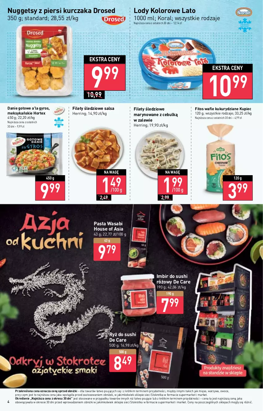 Gazetka promocyjna Stokrotka - Market - ważna 16.02 do 22.02.2023 - strona 4 - produkty: Danie gotowe, Gyros, Hortex, House of Asia, Imbir, Kupiec, Kurczak, Lody, Mięso, Owoce, Pasta wasabi, Piec, Ryż, Ryż do sushi, Salsa, Sushi, Wafle, Warzywa, Wasa