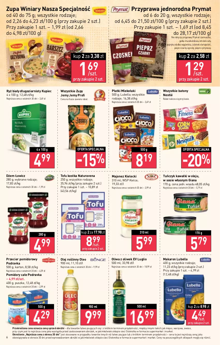 Gazetka promocyjna Stokrotka - Market - ważna 16.02 do 22.02.2023 - strona 6 - produkty: Baton, Bell, Bella, Czosnek, Dżem, Gałka, Kawa, Kminek, Kminek cały, Kupiec, Lubella, Majonez, Makaron, Mięso, Mleko, Mus, Nestlé, Olej, Olej roślinny, Oleo, Oliwa z oliwek, Owoce, Papryka, Papryka słodka, Piec, Pieprz, Podravka, Pomidory, Prymat, Przyprawy, Ryż, Ryż biały, Sos, Tofu, Tuńczyk, Warzywa, Winiary, Zupa