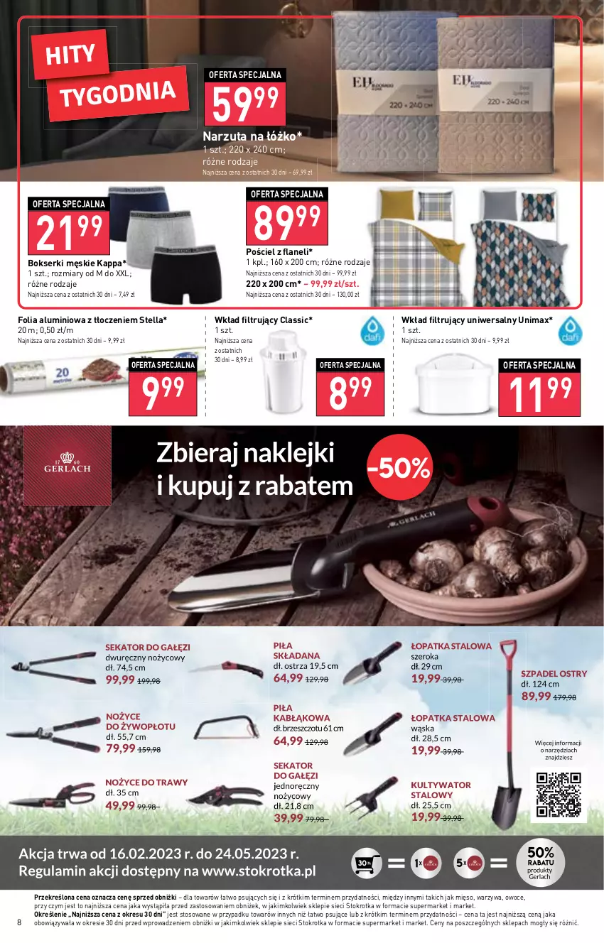 Gazetka promocyjna Stokrotka - Market - ważna 16.02 do 22.02.2023 - strona 8 - produkty: Bokserki, Folia aluminiowa, Mięso, Narzuta, Owoce, Pościel, Ser, Warzywa, Wkład filtrujący