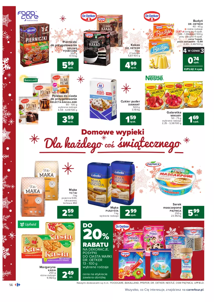 Gazetka promocyjna Carrefour - Gazetka Carrefour - ważna 13.12 do 19.12.2021 - strona 14 - produkty: Bakalland, Budyń, Cukier, Cukier puder, Delecta, Diamant, Dr. Oetker, Gala, Galaretka, Kakao, Kasia, Kosz, Mąka, Margaryna, Mascarpone, Nestlé, Piątnica, Puder, Ser, Serek, Winiary