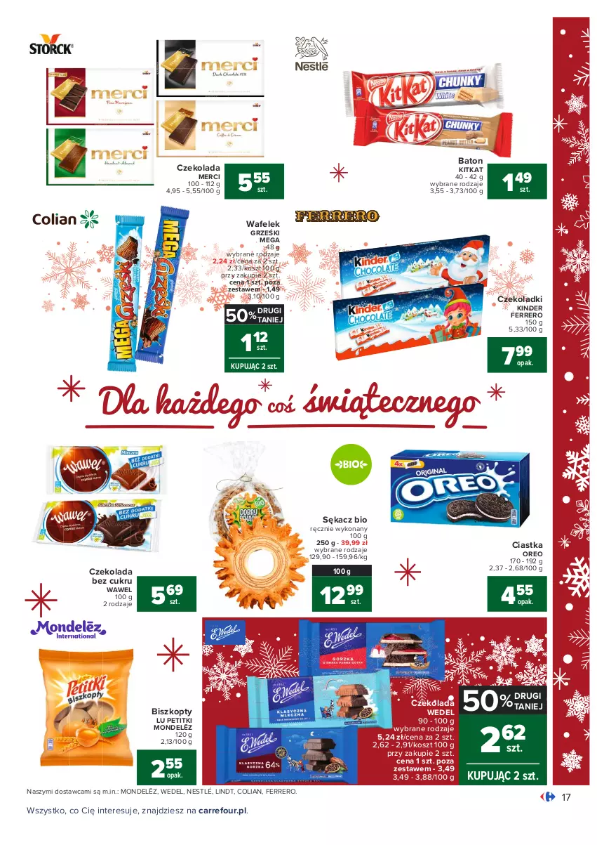 Gazetka promocyjna Carrefour - Gazetka Carrefour - ważna 13.12 do 19.12.2021 - strona 17 - produkty: Baton, Biszkopty, Ciastka, Czekolada, Czekolada bez cukru, Ferrero, Grześki, Kinder, Kosz, Lindt, Merci, Nestlé, Oreo, Sękacz, Wafelek, Wawel