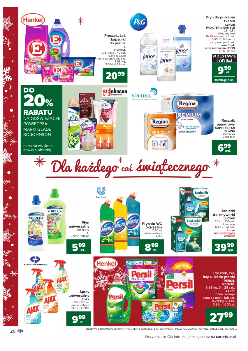 Gazetka promocyjna Carrefour - Gazetka Carrefour - ważna 13.12 do 19.12.2021 - strona 20 - produkty: Ajax, Colgate, Domestos, Gin, Gra, Kapsułki do prania, Kosz, Lenor, LG, Ludwik, Papier, Persil, Płyn do płukania, Płyn do wc, Płyn nabłyszczający, Ręcznik, Sidolux, Tablet, Tabletki do zmywarki, Zmywarki