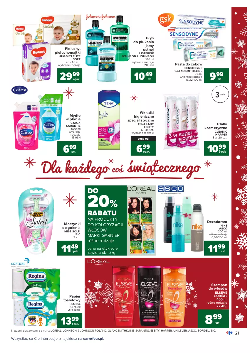 Gazetka promocyjna Carrefour - Gazetka Carrefour - ważna 13.12 do 19.12.2021 - strona 21 - produkty: BIC, Cleanic, Dezodorant, Elseve, Garnier, Gin, Huggies, L’Oréal, Listerine, Majtki, Mydło, Mydło w płynie, Nike, Papier, Papier toaletowy, Pasta do zębów, Pieluchomajtki, Pieluchy, Płatki kosmetyczne, Płyn do płukania, Płyn do płukania jamy ustnej, Sensodyne, Szampon, Wkładki