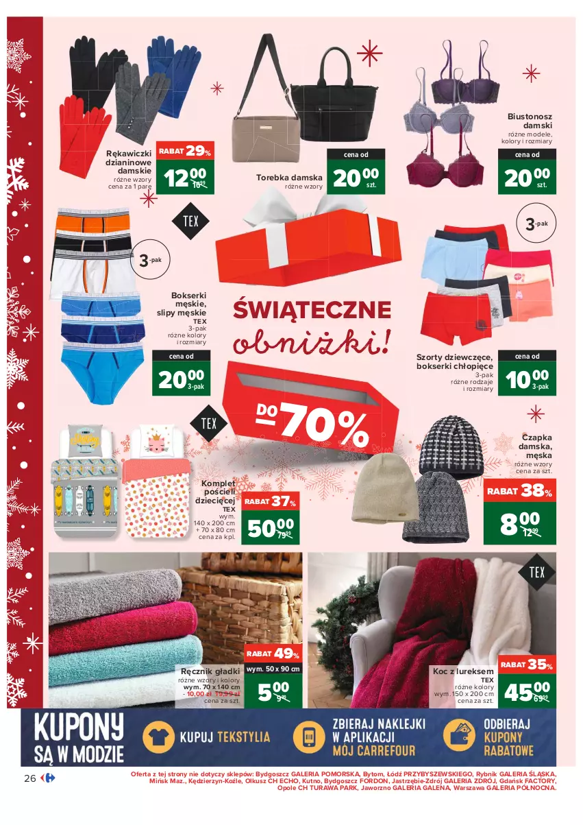 Gazetka promocyjna Carrefour - Gazetka Carrefour - ważna 13.12 do 19.12.2021 - strona 26 - produkty: Biustonosz, Bokserki, Czapka, Dzieci, Fa, Koc, Komplet pościeli, Pościel, Ręcznik, Ser, Slipy, Szorty, Torebka