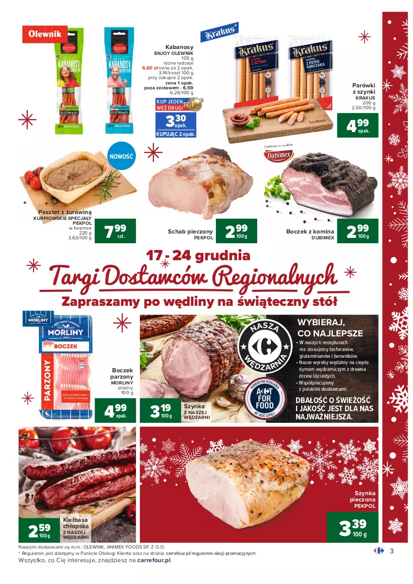 Gazetka promocyjna Carrefour - Gazetka Carrefour - ważna 13.12 do 19.12.2021 - strona 3 - produkty: Boczek, Kabanos, Kiełbasa, Kosz, Krakus, Morliny, Olewnik, Parówki, Parówki z szynki, Pasztet, Pekpol, Piec, Schab pieczony, Stół, Szynka