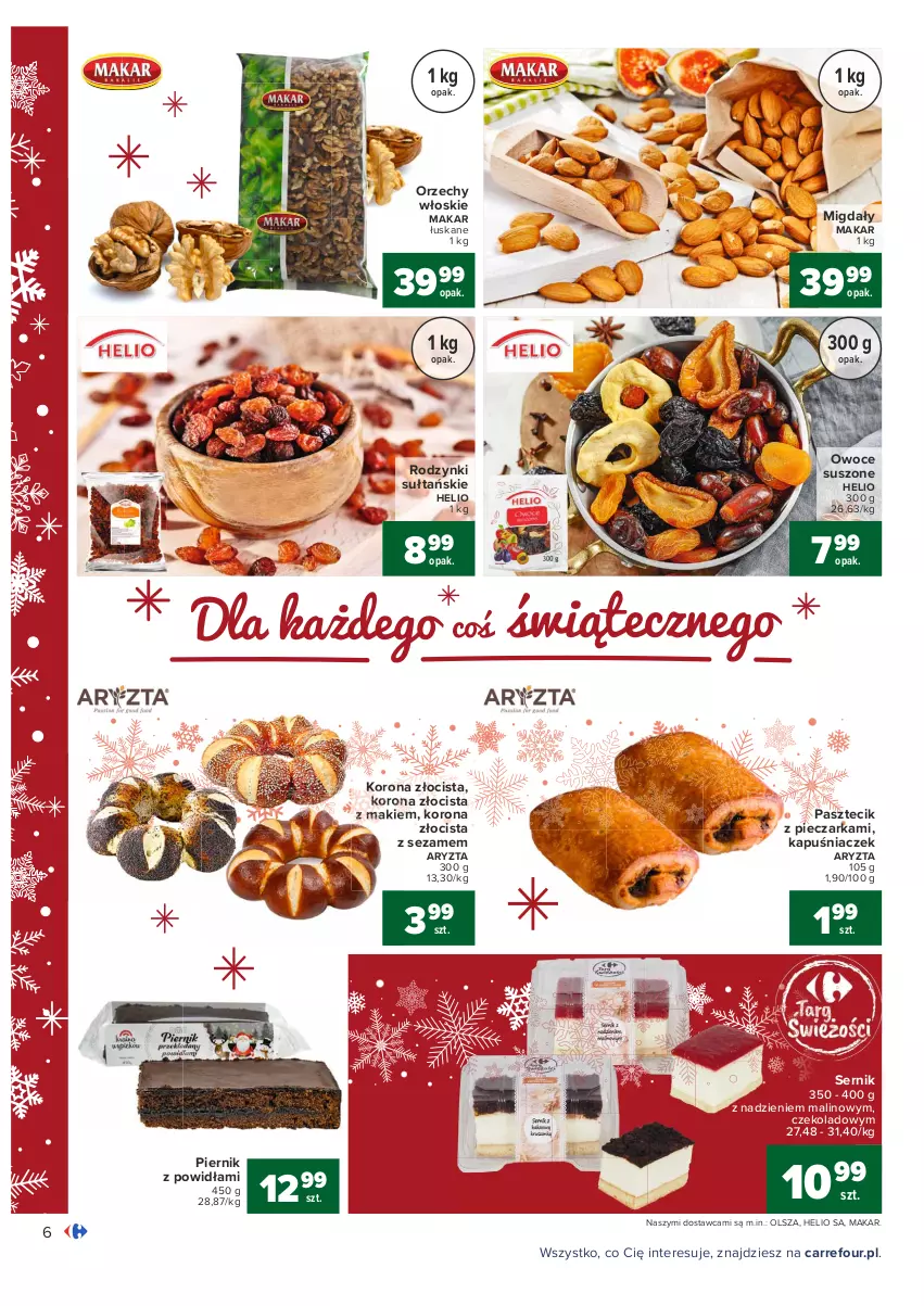 Gazetka promocyjna Carrefour - Gazetka Carrefour - ważna 13.12 do 19.12.2021 - strona 6 - produkty: Helio, Kapuśniaczek, Migdały, Orzechy włoskie, Owoce, Owoce suszone, Pasztecik z pieczarkami, Piec, Pieczarka, Piernik, Rodzynki, Ser, Sezam