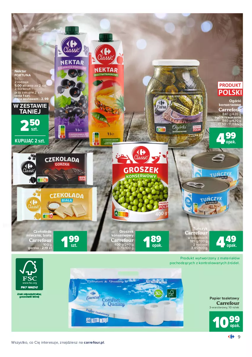 Gazetka promocyjna Carrefour - Gazetka Carrefour - ważna 13.12 do 19.12.2021 - strona 9 - produkty: Czekolada, Czekolada mleczna, Fortuna, Groszek, Kawa, Kosz, Nektar, Ogórki konserwowe, Papier, Papier toaletowy, Ser, Tuńczyk