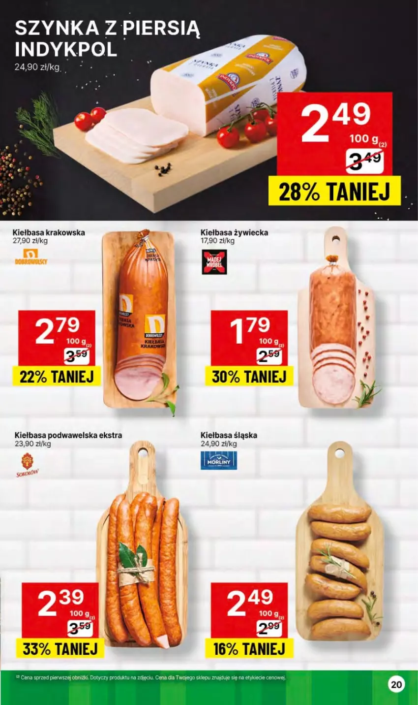 Gazetka promocyjna Delikatesy Centrum - Dyskontowe ceny w Delikatesach Centrum - ważna 27.12.2023 do 03.01.2024 - strona 20 - produkty: Fa, Kiełbasa, Kiełbasa krakowska, Kiełbasa podwawelska, Kiełbasa śląska, Szynka, Wawel