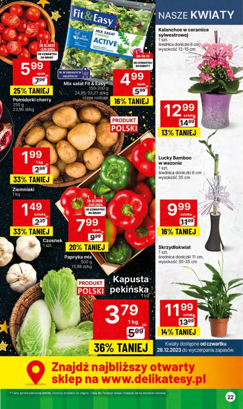 Gazetka promocyjna Delikatesy Centrum - Dyskontowe ceny w Delikatesach Centrum - ważna 27.12.2023 do 03.01.2024 - strona 22 - produkty: Fa, Kalanchoe, Papryka, Pomidorki, Sok, Wazon, Ziemniaki