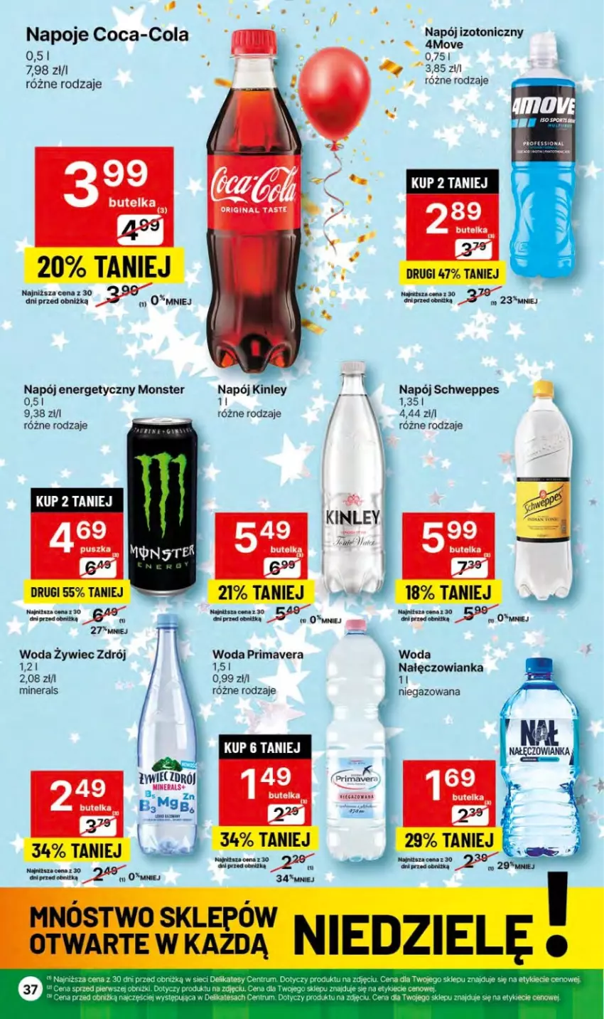 Gazetka promocyjna Delikatesy Centrum - Dyskontowe ceny w Delikatesach Centrum - ważna 27.12.2023 do 03.01.2024 - strona 37 - produkty: Coca-Cola, Nałęczowianka, Napój, Napój energetyczny, Napój izotoniczny, Napoje, Prima, Primavera, Rum, Schweppes, Woda