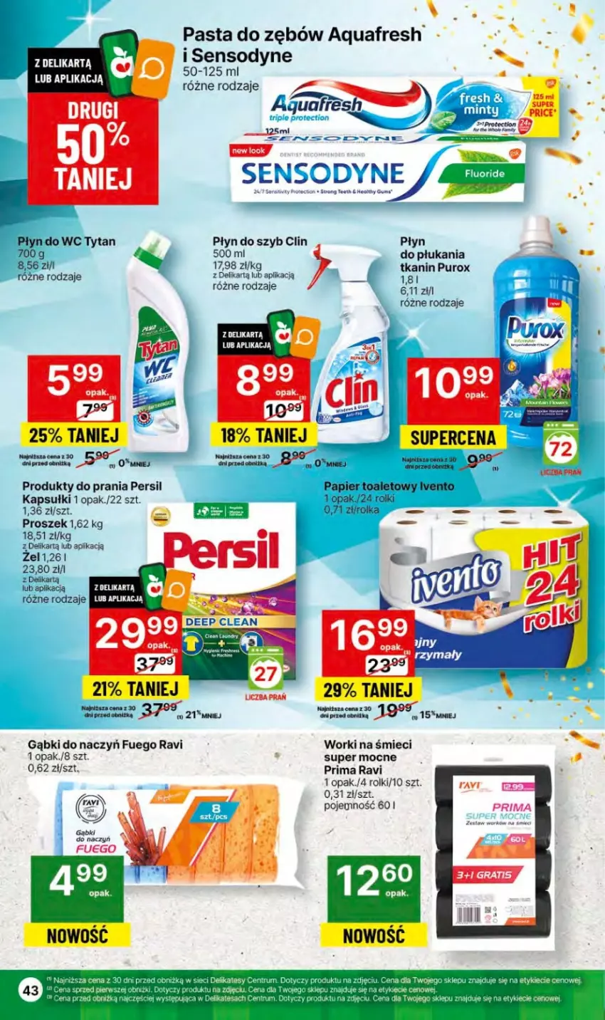 Gazetka promocyjna Delikatesy Centrum - Dyskontowe ceny w Delikatesach Centrum - ważna 27.12.2023 do 03.01.2024 - strona 43 - produkty: Aquafresh, Clin, EPEE, Papier, Papier toaletowy, Pasta do zębów, Persil, Płyn do szyb, Płyn do wc, Prima, Pur, Rolki, Rum, Sensodyne, Ser, Tytan, Worki na śmiec, Worki na śmieci