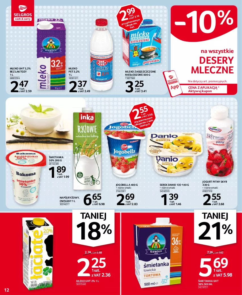 Gazetka promocyjna Selgros - Oferta spożywcza - ważna 11.03 do 24.03.2021 - strona 12 - produkty: Bell, Bella, Danio, Deser, Jogobella, Jogurt, Jogurt pitny, Mleko, Napój, Ryż, Ser, Serek