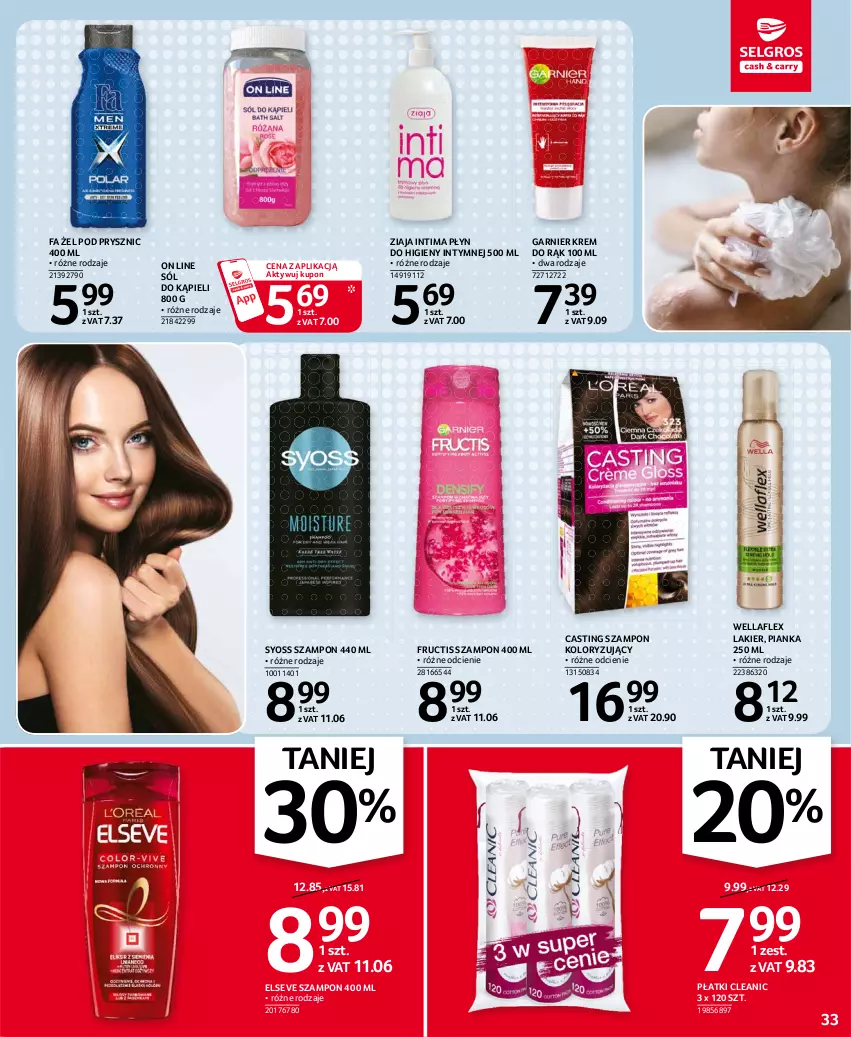 Gazetka promocyjna Selgros - Oferta spożywcza - ważna 11.03 do 24.03.2021 - strona 33 - produkty: Cleanic, Elseve, Fa, Fructis, Garnier, Krem do rąk, Lakier, Płyn do higieny intymnej, Sól, Sól do kąpieli, Syoss, Szampon, Wella, Wellaflex, Ziaja