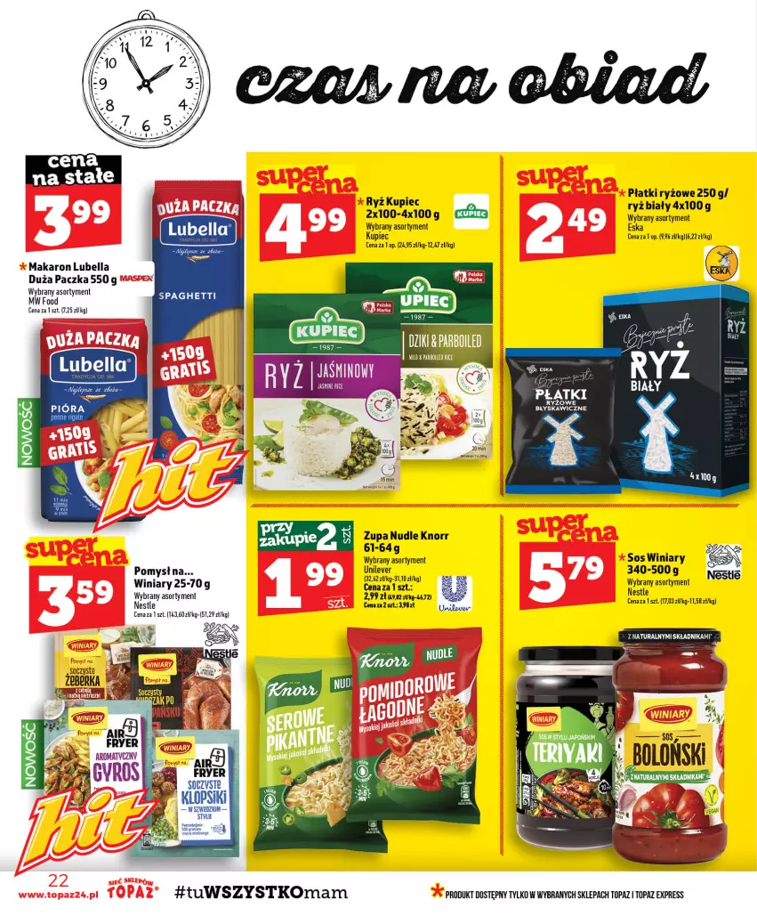 Gazetka promocyjna Topaz - Gazetka - ważna 06.08 do 12.08.2026 - strona 22 - produkty: Bell, Bella, Klopsiki, Knorr, Kupiec, Lubella, Makaron, Piec, Płatki ryżowe, Ryż, Ryż biały, Sos, Spaghetti, Top, Winiary, Zupa