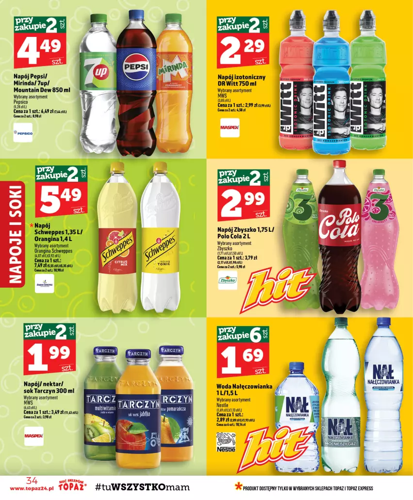 Gazetka promocyjna Topaz - Gazetka - ważna 06.08 do 12.08.2026 - strona 34 - produkty: 7up, Gin, Mirinda, Nałęczowianka, Napój, Napój izotoniczny, Napoje, Nektar, Pepsi, Schweppes, Sok, Top, Woda
