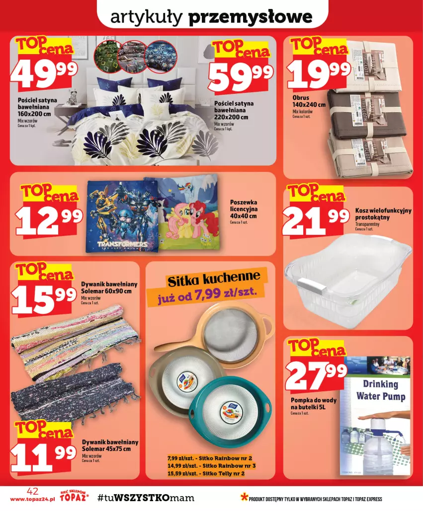 Gazetka promocyjna Topaz - Gazetka - ważna 06.08 do 12.08.2026 - strona 42 - produkty: Dywan, Dywanik, Kosz, Obrus, Pompka, Pościel, Poszewka, Sitko, Top, Tran