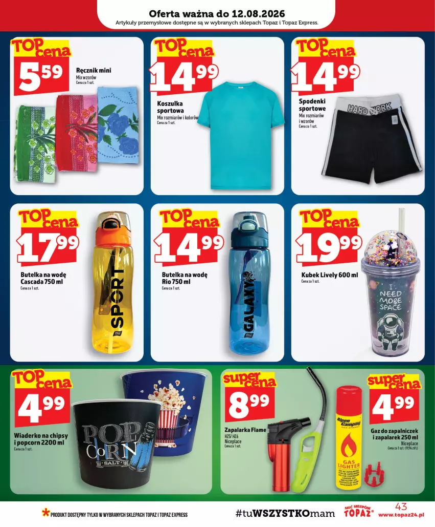 Gazetka promocyjna Topaz - Gazetka - ważna 06.08 do 12.08.2026 - strona 43 - produkty: Chipsy, K2, Kosz, Koszulka, Kubek, Por, Ręcznik, Sport, Top, Zapalarka