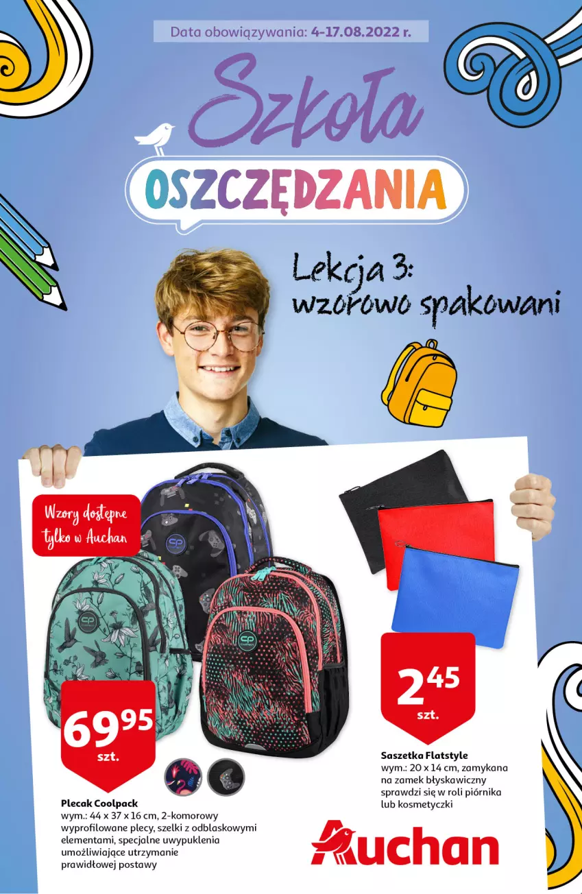 Gazetka promocyjna Auchan - Szkoła Oszczędzania Hipermarkety - ważna 04.08 do 17.08.2022 - strona 1 - produkty: Fa, Piórnik, Plecak