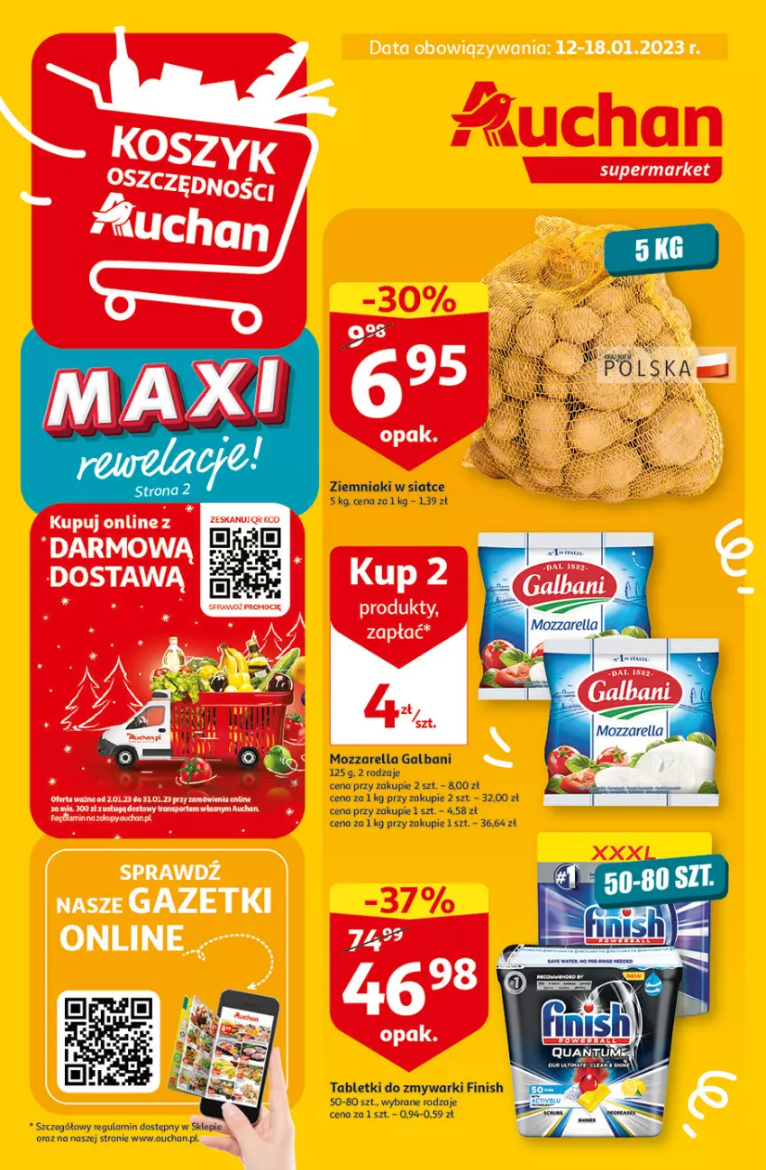 Gazetka promocyjna Auchan - Gazetka MAXI rewelacje Auchan Supermarket - ważna 12.01 do 18.01.2023 - strona 1 - produkty: Fa, Finish, Galbani, Mozzarella, Por, Sport, Tablet, Tabletki do zmywarki, Tran, Ziemniaki, Zmywarki