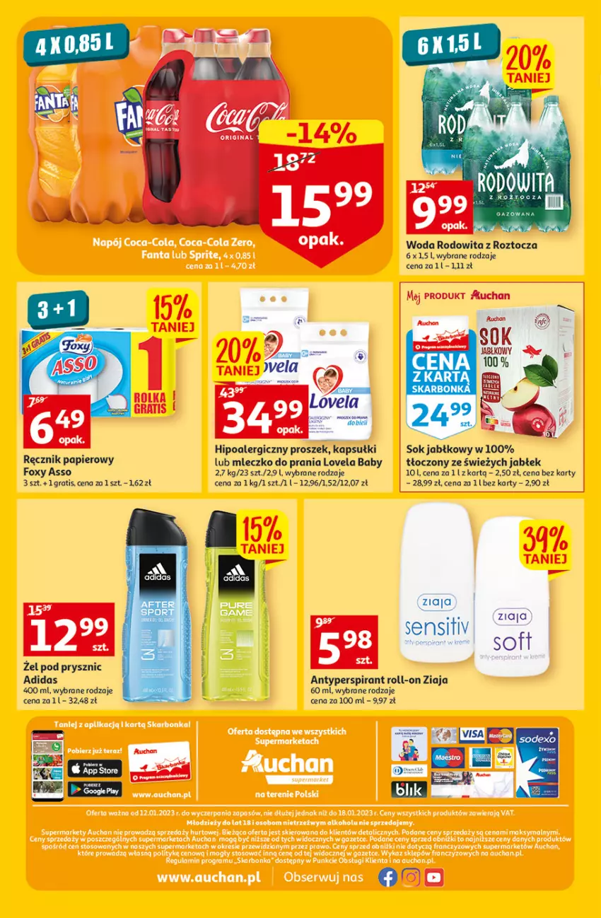 Gazetka promocyjna Auchan - Gazetka MAXI rewelacje Auchan Supermarket - ważna 12.01 do 18.01.2023 - strona 8 - produkty: Adidas, Antyperspirant, Foxy, Gra, Hipoalergiczny proszek, Lovela, Mleczko, Mleczko do prania, Papier, Sok, Sok jabłkowy, Woda, Ziaja