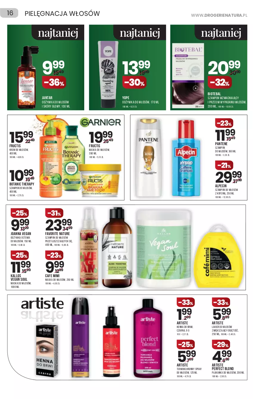 Gazetka promocyjna Drogerie Natura - Gazetka Drogerie Natura - ważna 16.12 do 29.12.2021 - strona 16 - produkty: Alpecin, BIOTEBAL, Fa, Fructis, Joanna, Kallos, Lakier, Lakier do włosów, Maska, Maska do włosów, Odżywka, Pantene, Szampon, Yope