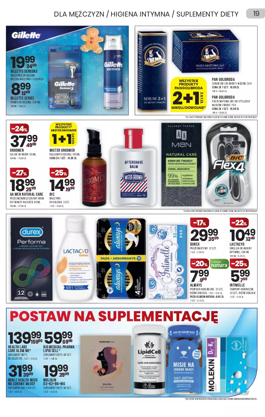 Gazetka promocyjna Drogerie Natura - Gazetka Drogerie Natura - ważna 16.12 do 29.12.2021 - strona 19 - produkty: Always, Balsam po goleniu, BIC, Durex, Emulsja, Gillette, K2, Krem do twarzy, Lactacyd, Mars, Maszynka, Maszynka do golenia, Olej, Pianka do golenia, Podpaski, Prezerwatyw, Rum, Ser, Serum, Suplement diety, Szynka, Tampony