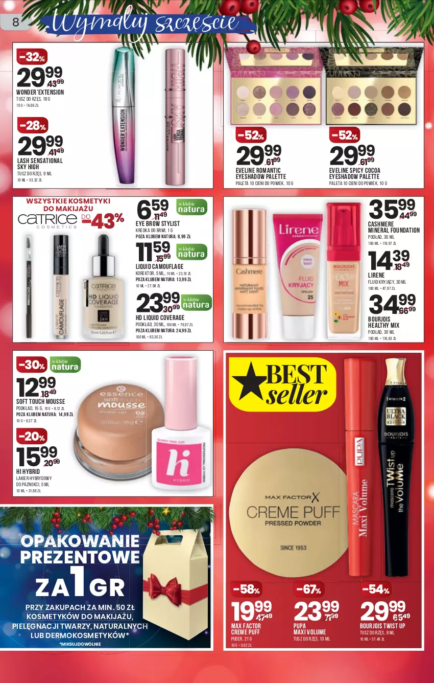 Gazetka promocyjna Drogerie Natura - Gazetka Drogerie Natura - ważna 16.12 do 29.12.2021 - strona 8 - produkty: Bourjois, Eveline, Fa, Foundation, Kredka, Kredka do brwi, Lakier, Lakier hybrydowy, Lirene, Max Factor, Paleta, Palette, Podkład, Puder, Puf, Pupa, Sati, Tusz