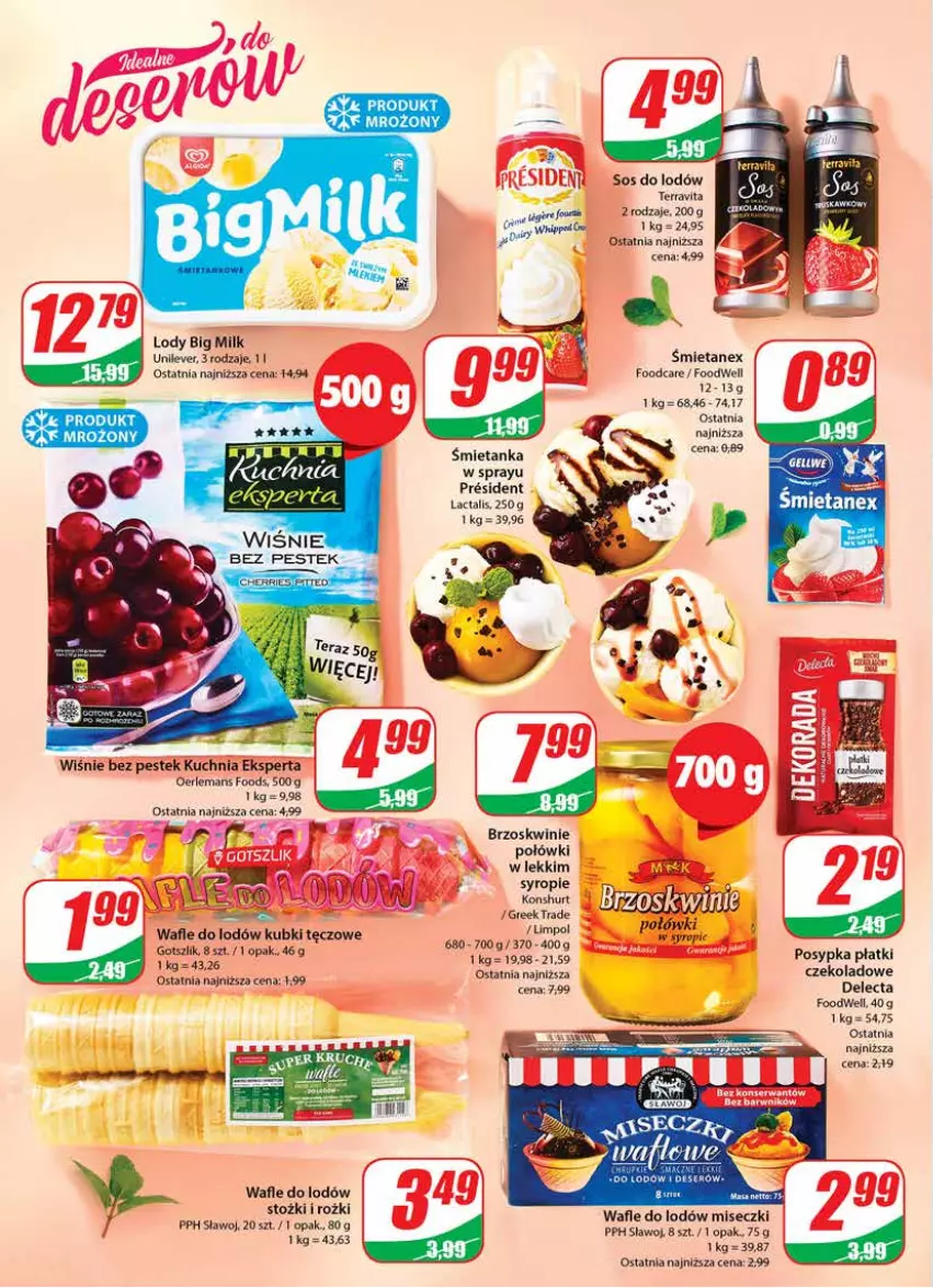 Gazetka promocyjna Dino - Gazetka 17 - ważna 26.04 do 02.05.2023 - strona 10 - produkty: Big Milk, Brzoskwinie, Delecta, Deser, Kuchnia, LG, Lody, Ser, Sos, Stek, Syrop, Wafle, Wafle do lodów