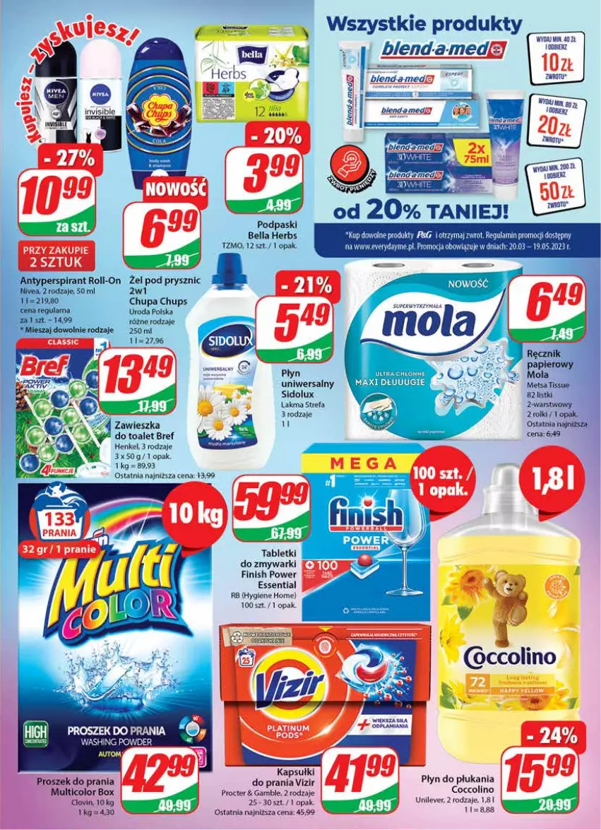 Gazetka promocyjna Dino - Gazetka 17 - ważna 26.04 do 02.05.2023 - strona 27 - produkty: Bell, Bella, Bref, Chupa Chups, Coccolino, Fa, Finish, Lovi, Płyn do płukania, Podpaski, Proszek do prania, Rolki, Sidolux, Tablet, Tabletki do zmywarki, Vizir, Zmywarki