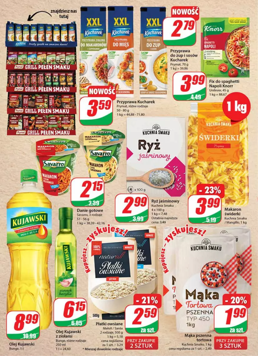 Gazetka promocyjna Dino - Gazetka 17 - ważna 26.04 do 02.05.2023 - strona 6 - produkty: Danie gotowe, Fa, Knorr, Kucharek, Kuchnia, Kujawski, Mąka, Mąka pszenna, Makaron, Melvit, Olej, Płatki owsiane, Prymat, Ryż, Sante, Sos, Spaghetti