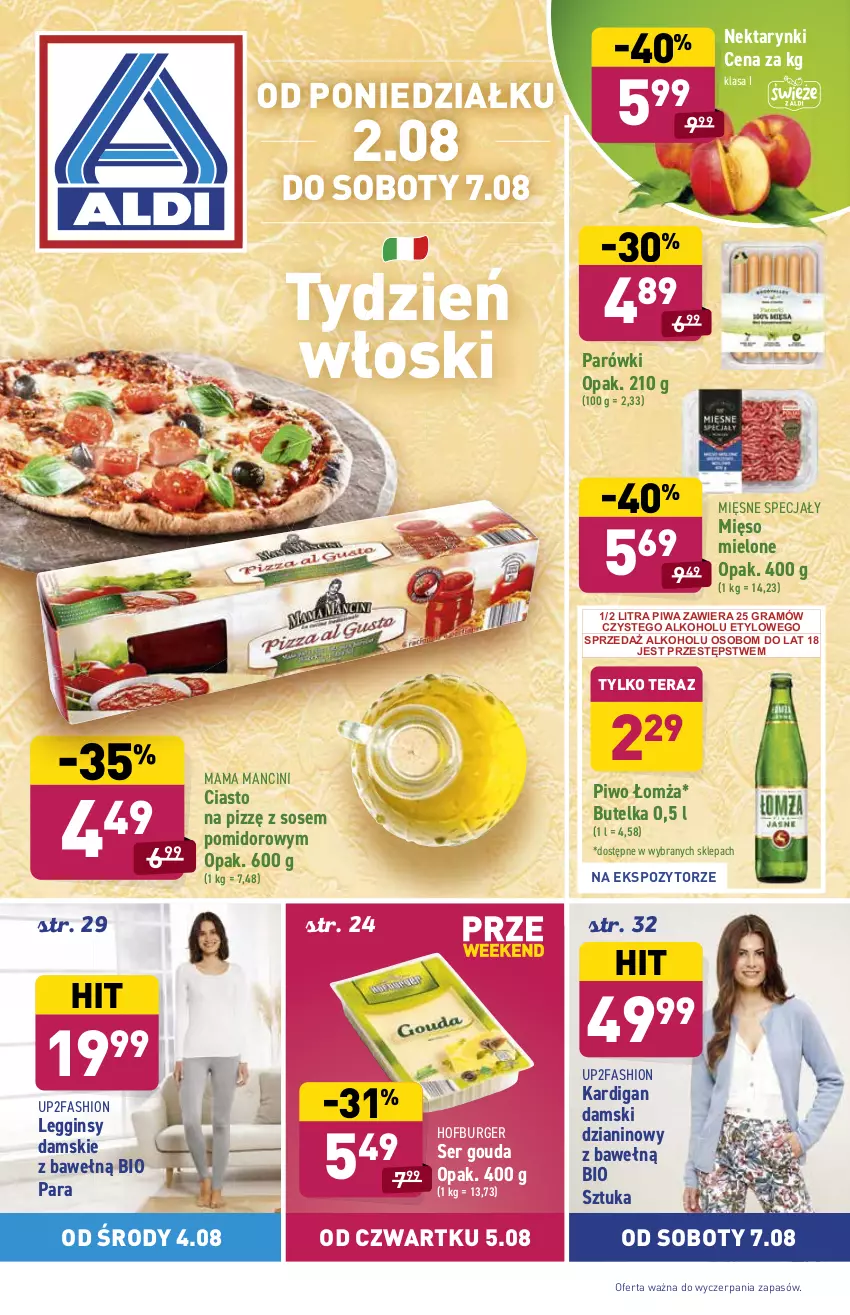 Gazetka promocyjna Aldi - ważna 02.08 do 07.08.2021 - strona 1 - produkty: Burger, Fa, Gin, Gouda, Gra, Hofburger, Kardigan, Legginsy, Mięsne specjały, Mięso, Mięso mielone, Nektar, Parówki, Piwa, Piwo, Ser, Sos, Tera