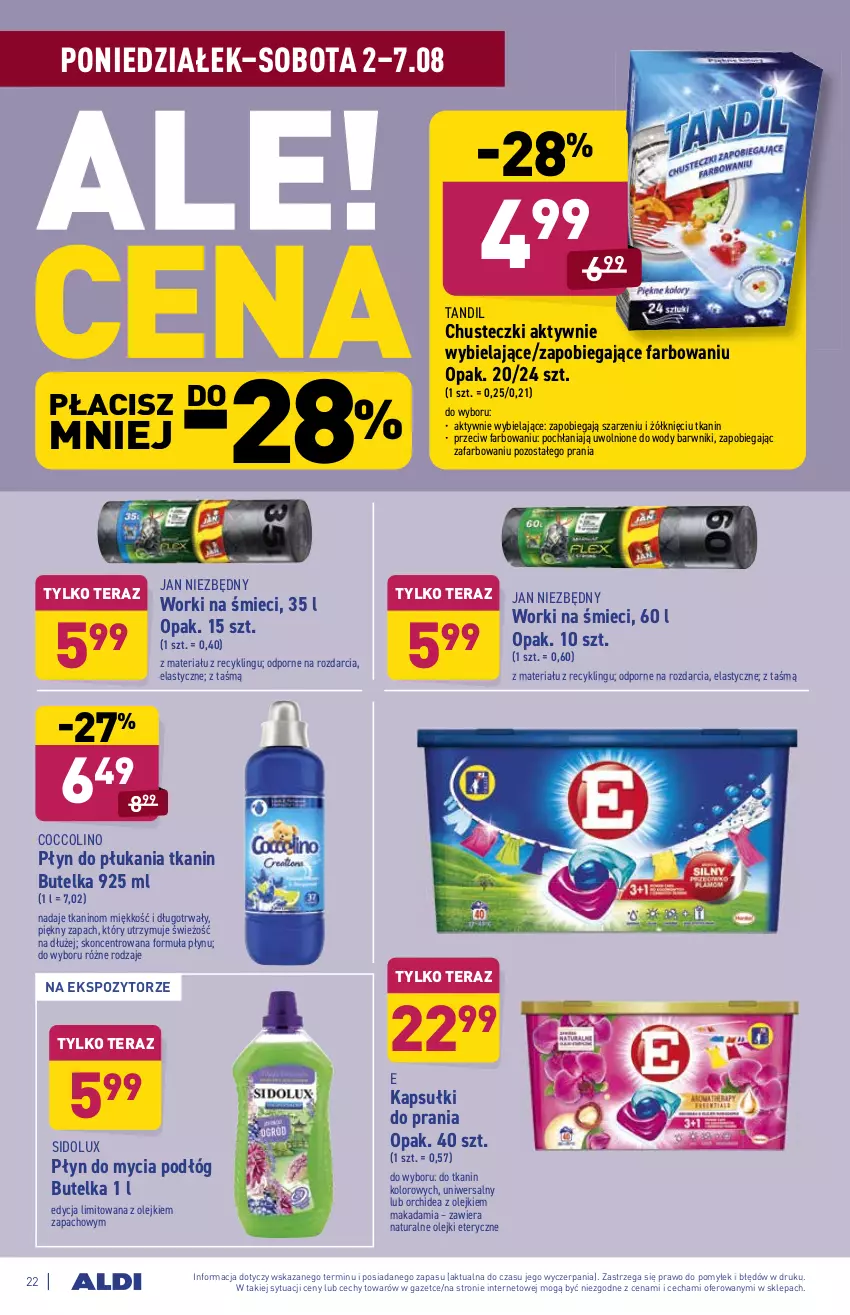 Gazetka promocyjna Aldi - ważna 02.08 do 07.08.2021 - strona 22 - produkty: Chusteczki, Coccolino, Fa, Jan Niezbędny, Kapsułki do prania, Olej, Płyn do mycia, Płyn do mycia podłóg, Płyn do płukania, Por, Sidolux, Tera, Worki na śmiec, Worki na śmieci