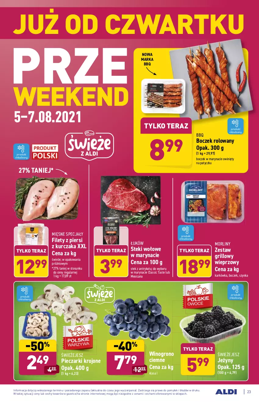 Gazetka promocyjna Aldi - ważna 02.08 do 07.08.2021 - strona 23 - produkty: Boczek, Grill, Jeżyny, Kurczak, Mięsne specjały, Morliny, Piec, Pieczarki krojone, Stek, Szynka, Tera, Wino