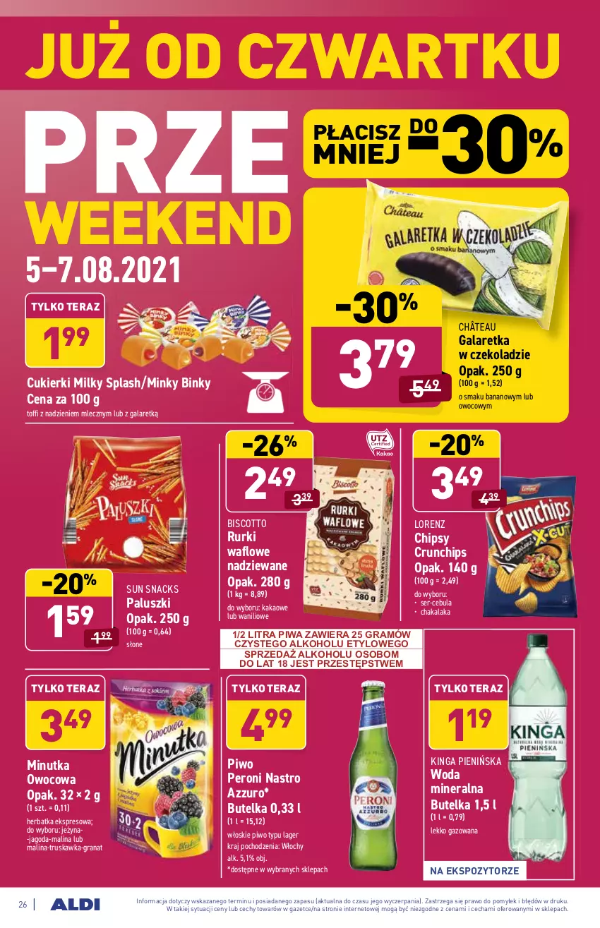 Gazetka promocyjna Aldi - ważna 02.08 do 07.08.2021 - strona 26 - produkty: Cebula, Chipsy, Crunchips, Cukier, Cukierki, Gala, Galaretka, Gra, Granat, Kakao, Lorenz, Piwa, Piwo, Rurki, Ser, Tera, Woda, Woda mineralna