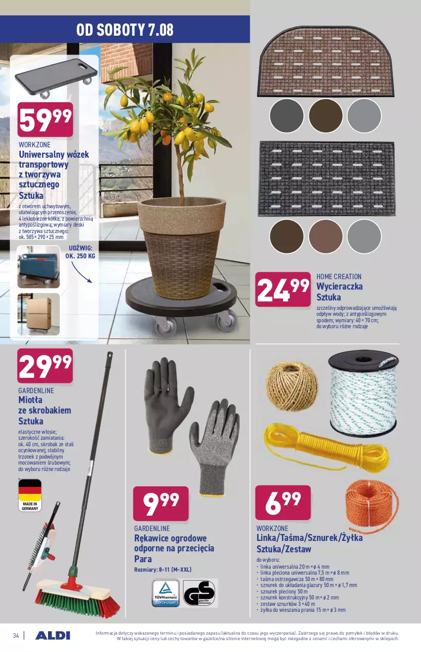 Gazetka promocyjna Aldi - ważna 02.08 do 07.08.2021 - strona 34 - produkty: Cynk, Dźwig, Inka, Lazur, Miotła, Por, Rękawice, Sport, Sznurek, Tran, Wózek, Wózek transportowy, Wycieraczka