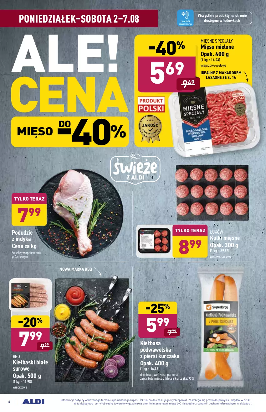 Gazetka promocyjna Aldi - ważna 02.08 do 07.08.2021 - strona 4 - produkty: Kiełbasa, Kiełbasa podwawelska, Kiełbaski białe, Kurczak, Lasagne, Lodówka, Makaron, Mięsne specjały, Mięso, Mięso mielone, Tera, Wawel