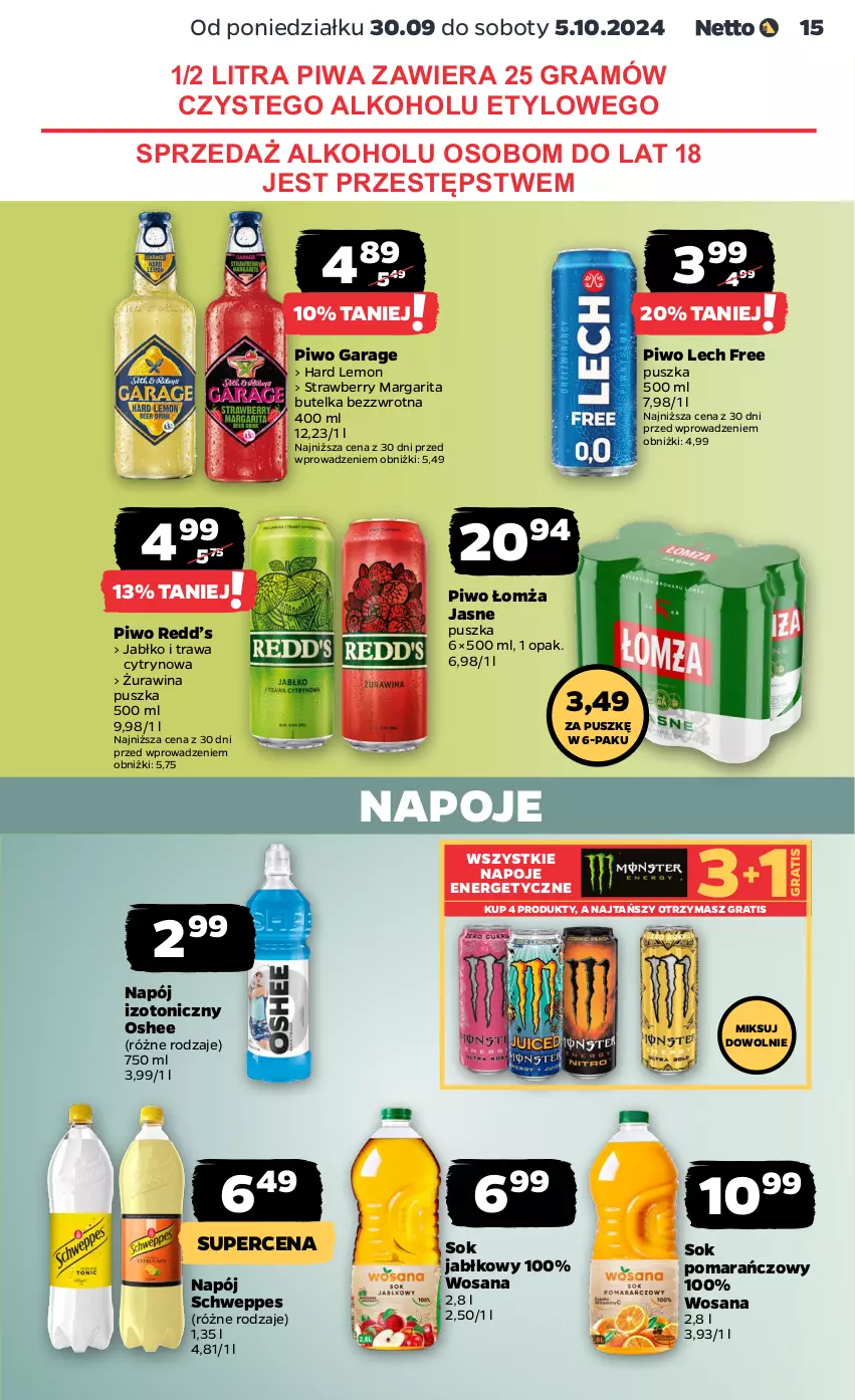 Gazetka promocyjna Netto - Artykuły spożywcze - ważna 30.09 do 05.10.2024 - strona 15 - produkty: Gra, Napój, Napój izotoniczny, Napoje, Oshee, Piwa, Piwo, Schweppes, Sok, Sok jabłkowy, Sok pomarańczowy, Wosana