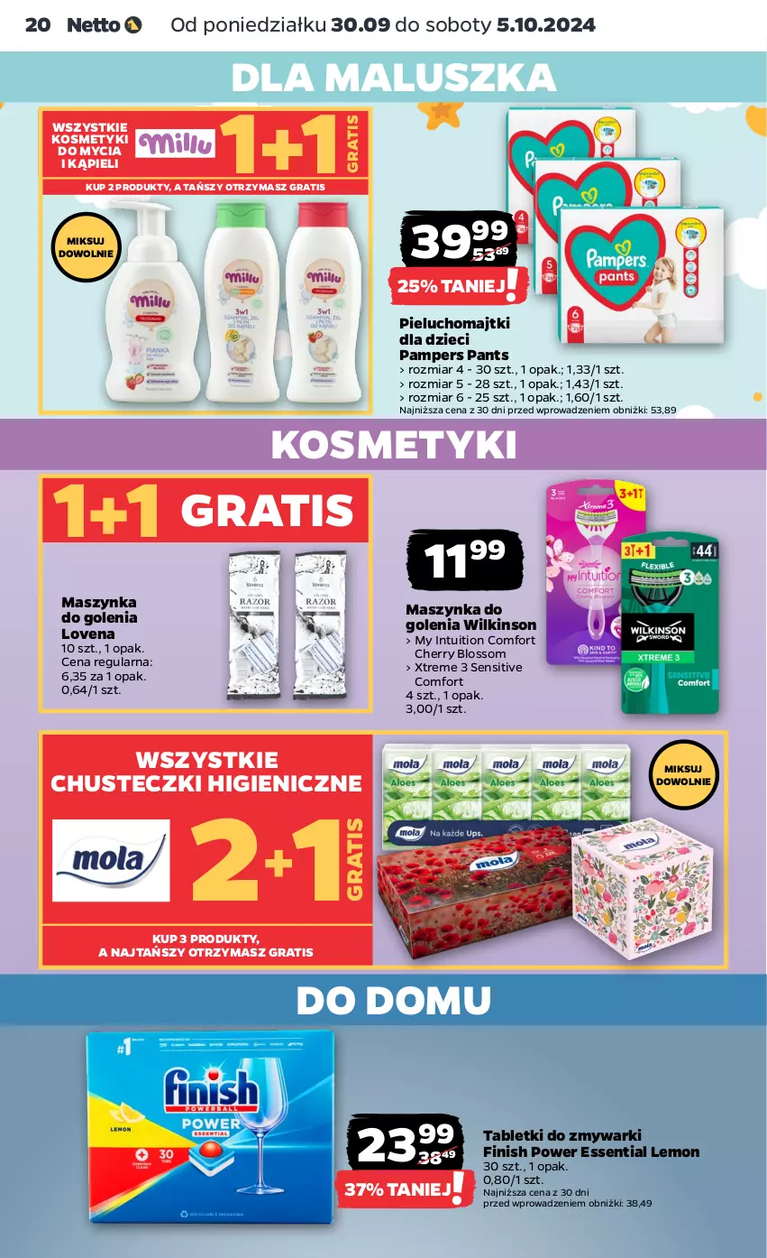 Gazetka promocyjna Netto - Artykuły spożywcze - ważna 30.09 do 05.10.2024 - strona 20 - produkty: Chusteczki, Dzieci, Finish, Gra, Majtki, Maszynka, Maszynka do golenia, Pampers, Pieluchomajtki, Szynka, Tablet, Tabletki do zmywarki, Zmywarki