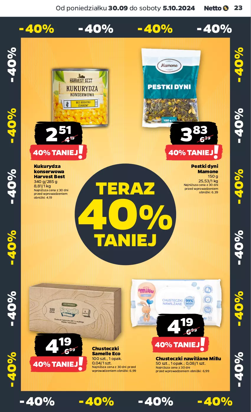 Gazetka promocyjna Netto - Artykuły spożywcze - ważna 30.09 do 05.10.2024 - strona 23 - produkty: Chusteczki, Kukurydza, Kukurydza konserwowa, Pestki dyni, Ser, Tera