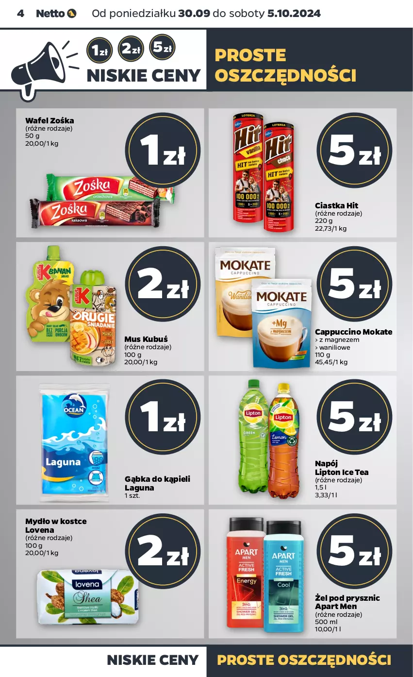 Gazetka promocyjna Netto - Artykuły spożywcze - ważna 30.09 do 05.10.2024 - strona 4 - produkty: Cappuccino, Ciastka, Ice tea, Kubuś, Lipton, Magnez, Mus, Mydło, Napój